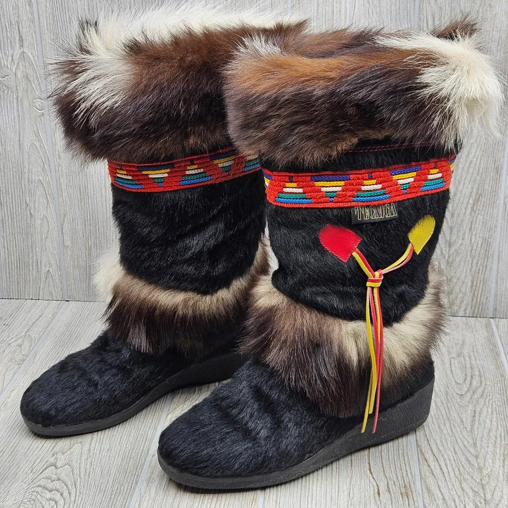 Tecnica‎ Vintage Goat Fur Apres Ski Boots Made in Italy Black Brown EU 39 US 8.5